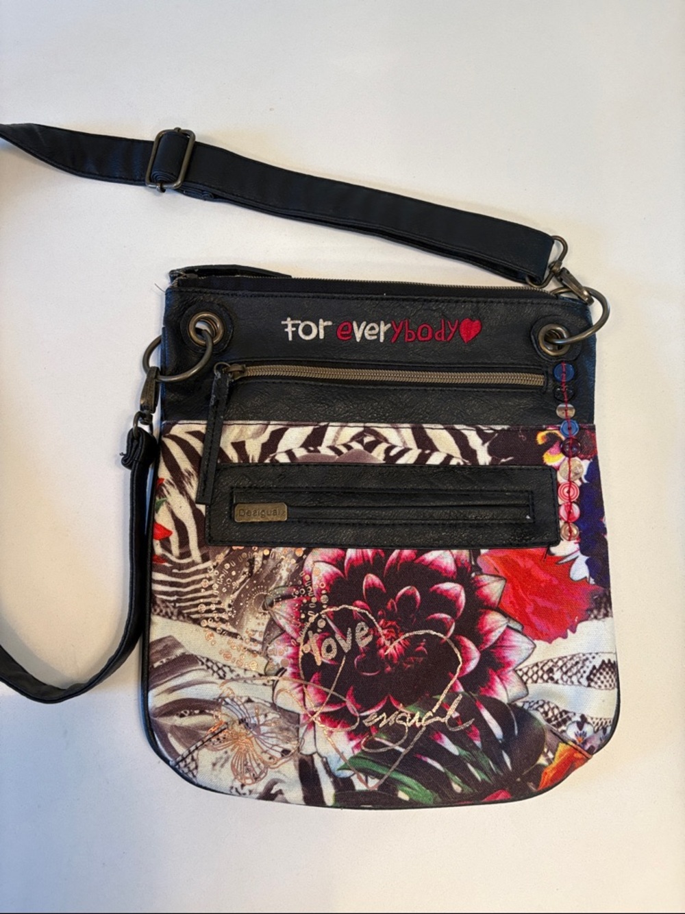 Desigual Black Crossbody Bag with Multicolor Floral Print